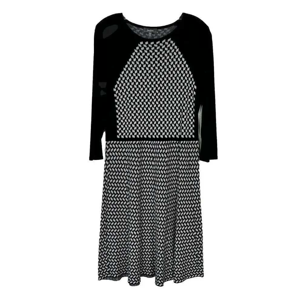 Neiman Marcus Womens Sweater Dress XL (16-18) Black White Geometric‎ Long Sleeve